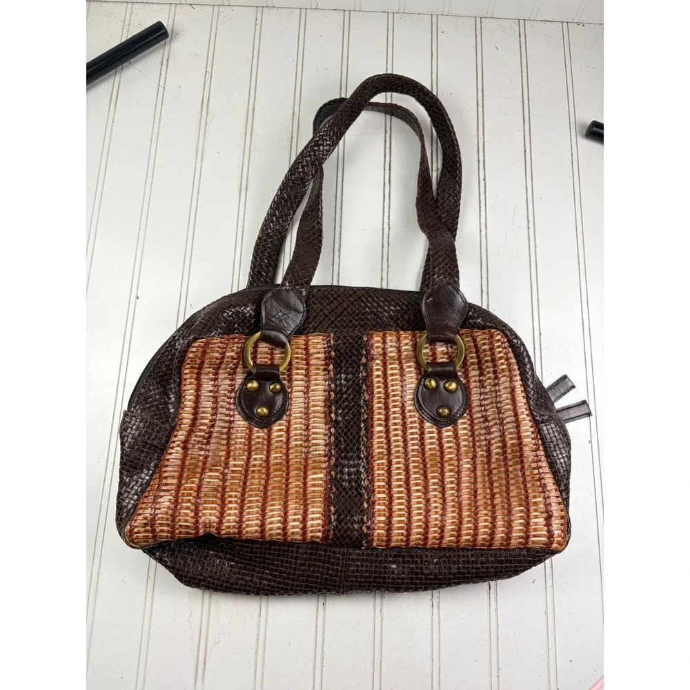 Vintage Y2K Boho Brown Woven Studded Western Hobo Rustic Shoulder Bag Purse